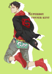 Rule 34 | 1boy, animification, black hair, blue eyes, casual, dc comics, green background, hands in pockets, highres, hood, hoodie, jacket, male focus, owlkkk, shoes, sneakers, solo, superboy, young justice