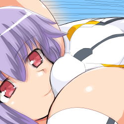 Rule 34 | 10s, 2girls, arnval, bad id, bad pixiv id, bodysuit, busou shinki, close-up, crotch, dd (ijigendd), face in crotch, hair between eyes, leotard, light smile, long hair, looking at viewer, multiple girls, purple hair, recording, red eyes, sitting, sitting on face, sitting on person, smile, solo focus, symbol-shaped pupils, tempesta, thighhighs, white legwear, yuri