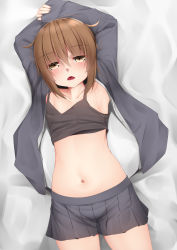 Rule 34 | 1girl, arms up, bad id, bad pixiv id, bed sheet, black jacket, black skirt, black tank top, blush, brown eyes, brown hair, commentary, flat chest, hair between eyes, jacket, kantai collection, long sleeves, lying, navel, ne an ito, on back, open clothes, open jacket, open mouth, pleated skirt, short hair, skirt, solo, tank top, wakaba (kancolle)