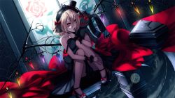 Rule 34 | 1girl, adapted costume, bare legs, bare shoulders, black footwear, black hairband, blonde hair, bow, choker, clock, clock tower, coffin, collarbone, cross, dress, flandre scarlet, full body, hair between eyes, hairband, hat, indoors, lipstick, lolita fashion, lolita hairband, makeup, mini hat, nail polish, red-d, red bow, red dress, red eyes, red lips, red lips, red nails, ripples, footwear bow, shoes, sitting, solo, stained glass, strap slip, stuffed toy, tongue, touhou, tower, window, wings, wrist cuffs