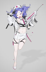 Rule 34 | 1girl, absurdres, arm up, armpits, bag, bare shoulders, black gloves, blue hair, dripping, drooling, drugs, earrings, gloves, gradient background, hair ornament, hairclip, highres, holding, holding syringe, holding weapon, id card, jacket, jewelry, kaoruko (unkrk55), medium hair, midriff, multicolored clothes, multicolored gloves, navel, nurse, open mouth, original, pill, pointy ears, purple eyes, purple neckwear, single earring, solo, syringe, thigh strap, twintails, vampire, w, weapon, white bag, white gloves, white jacket