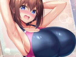 Rule 34 | 1girl, :o, armpits, bathroom, blue eyes, blush, breasts, brown hair, cleavage, collarbone, competition swimsuit, huge breasts, looking at viewer, medium hair, one-piece swimsuit, open mouth, original, raised eyebrows, shiny clothes, shiny skin, sideboob, solo, surprised, sweat, swimsuit, upper body, yago8 pp3