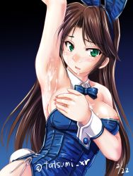 Rule 34 | 1girl, animal ears, arm up, armpits, artist name, bare shoulders, blue background, blue bow, blue bowtie, blue leotard, blush, bow, bowtie, breasts, brown hair, clip studio paint (medium), collarbone, commentary request, cum, cum on armpit, cum on armpits, cum on body, cum on breasts, cum on lips, cum on upper body, dated, detached collar, facial, fake animal ears, fingernails, gradient background, green eyes, hand on own chest, large breasts, leotard, long fingernails, long hair, nail polish, nipples, original, playboy bunny, rabbit ears, rabbit tail, ribbon, shiny clothes, signature, solo, strapless, strapless leotard, tail, tatsumi ray, twitter username, upper body, very long hair, wrist cuffs