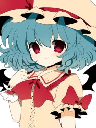 Rule 34 | 1girl, :&gt;, ascot, bad id, bad pixiv id, bat wings, blue hair, bow, brooch, female focus, haru (kyou), hat, heart, jewelry, red eyes, remilia scarlet, short hair, smile, solo, touhou, upper body, wings, wrist cuffs