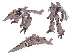 Rule 34 | aircraft, airplane, asterozoa, canopy (aircraft), clenched hands, fighter jet, full body, gerwalk, green eyes, highres, jet, macross, mecha, military, military vehicle, multiple views, no humans, original, robot, science fiction, simple background, standing, variable fighter, white background