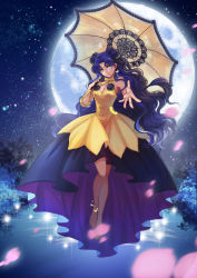 Rule 34 | 1girl, absurdres, anklet, bare legs, barefoot, bishoujo senshi sailor moon, blue eyes, blue hair, blurry, bow, choker, crescent, crescent facial mark, crescent moon, crescent necklace, depth of field, douyougen, dress, facial mark, floating, forehead mark, full body, full moon, hair bun, highres, holding, jewelry, lace, lips, long hair, luna (sailor moon), luna (sailor moon) (human), matching hair/eyes, moon, necklace, night, night sky, outstretched hand, petals, ribbon, ribbon choker, single hair bun, sky, smile, solo, star (sky), starry sky, umbrella, very long hair, water, wavy hair, yellow bow, yellow ribbon
