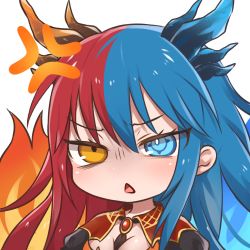 Rule 34 | 1girl, anger vein, angry, blue eyes, blue fire, blue hair, blue horns, blush, breasts, bright pupils, chibi, cleavage, commission, commissioner upload, dragon girl, dragon horns, dress, fire, gem, horns, inferna dragnis (xoldrek), jewelry, long hair, looking at viewer, medium breasts, multicolored eyes, multicolored hair, multicolored horns, necktie, open mouth, orange eyes, original, pale skin, red hair, red horns, solo, split-color hair, standing, symbol-shaped pupils, transparent background, usagi1923, white pupils