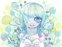 Rule 34 | 1girl, aqua hair, character request, cobalt memori, collarbone, colored eyelashes, colored skin, hands on own knees, highres, long hair, looking up, multicolored background, mushroom, neon palette, nude, parted lips, smile, solo, upper body, white skin, yume 2kki