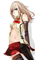 Rule 34 | 10s, 1girl, alisa ilinichina amiella, black gloves, black thighhighs, blue theme, body blush, breasts, brown theme, buttons, elbow gloves, expressionless, female focus, gloves, god eater, god eater 2: rage burst, groin, highres, legs, long image, looking at viewer, midriff, navel, no bra, open clothes, open shirt, parted lips, plaid, plaid skirt, shadow, shiho (mono0207), shirt, sideboob, simple background, sitting, skirt, sleeveless, sleeveless shirt, solo, tall image, thighhighs, white background, zettai ryouiki