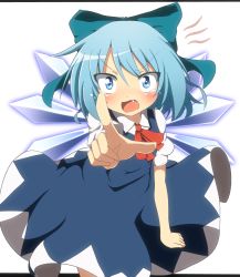 Rule 34 | 1girl, angry, blue dress, blue eyes, blue hair, blush, bow, cirno, do (4-rt), dress, fang, hair bow, highres, ice, ice wings, letterboxed, matching hair/eyes, open mouth, pointing, pointing at viewer, puffy sleeves, shirt, short sleeves, solo, tears, touhou, wings