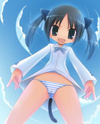 Rule 34 | 00s, 1girl, animal ears, black hair, cat ears, cat girl, cat tail, cloud, day, fang, female focus, flat chest, francesca lucchini, outdoors, panties, sky, solo, strike witches, striped clothes, striped panties, tail, twintails, underwear, unikurage, world witches series