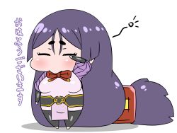 Rule 34 | 1girl, absurdly long hair, black thighhighs, blush, bodysuit, chibi, closed eyes, commentary request, fate/grand order, fate (series), hand up, highres, long hair, low-tied long hair, minamoto no raikou (fate), neck ribbon, pelvic curtain, puffy sleeves, purple hair, red ribbon, rei (rei rr), ribbon, sash, sleepy, solo, standing, thighhighs, very long hair, wiping face