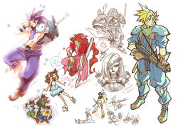 Rule 34 | 4girls, 5boys, adelbert steiner, aerith gainsborough, armor, baggy pants, bandaid, bandaid on face, bangle, beatrix (ff9), belt, biggs (ff7), blonde hair, blue eyes, blue hair, blue pants, blue shirt, boots, bracelet, braid, braided ponytail, breasts, brown hair, buster sword, choker, cleavage, cloud strife, commentary, crisis core final fantasy vii, cropped jacket, curly hair, dress, english commentary, eyepatch, fighting stance, final fantasy, final fantasy ix, final fantasy vii, flower basket, full body, gloves, green pants, green shirt, gun, hair between eyes, hair over one eye, hair ribbon, hat feather, headband, holding, holding gun, holding shuriken, holding staff, holding sword, holding weapon, jacket, jessie rasberry, jewelry, knee pads, leg warmers, medium breasts, midriff, multiple boys, multiple girls, multiple views, orange footwear, pants, parted bangs, pink dress, pink ribbon, puffy short sleeves, puffy sleeves, red headband, red jacket, ribbon, sandals, shinra infantry uniform, shirt, short hair, short sleeves, shoulder armor, shuriken, sidelocks, sketch, sleeves rolled up, soapoverflow, sparkle, speech bubble, spiked hair, square enix, staff, striped clothes, striped dress, suspenders, sword, thigh strap, upper body, weapon, weapon on back, wedge (ff7), white background, yellow shirt, yuffie kisaragi, zack fair