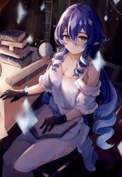 Rule 34 | 1girl, bare shoulders, belt, black gloves, blue hair, blurry, blush, book, bookshelf, breasts, chair, closed mouth, collarbone, commentary request, crystal, dress, drill hair, drill sidelocks, frills, genshin impact, gloves, gradient hair, hair between eyes, hand up, highres, indoors, lamp, layla (genshin impact), library, light, long hair, looking at viewer, medium breasts, multicolored hair, nagominagon, off-shoulder dress, off shoulder, open book, pantyhose, pointy ears, puffy short sleeves, puffy sleeves, purple hair, scroll, shadow, short sleeves, sidelocks, sitting, smile, solo, sparkle, table, twintails, white belt, white dress, white pantyhose, yellow eyes