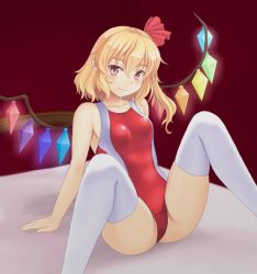 Rule 34 | 1girl, blonde hair, blush, breasts, collarbone, commentary request, competition swimsuit, crystal, fang, fang out, flandre scarlet, hair ribbon, isaki (gomi), leaning back, looking at viewer, medium hair, on bed, one-piece swimsuit, pointy ears, red eyes, red one-piece swimsuit, ribbon, side ponytail, sitting, small breasts, smile, solo, spread legs, swimsuit, thighhighs, touhou, white thighhighs, wings