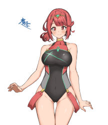 Rule 34 | 1girl, absurdres, alternate hairstyle, aotsuba, black one-piece swimsuit, breasts, chest jewel, competition swimsuit, headpiece, highres, large breasts, one-piece swimsuit, ponytail, pyra (pro swimmer) (xenoblade), pyra (xenoblade), red eyes, red hair, red one-piece swimsuit, ribbed swimsuit, short hair, simple background, solo, strapless, strapless one-piece swimsuit, swept bangs, swimsuit, tiara, two-tone swimsuit, white background, xenoblade chronicles (series), xenoblade chronicles 2