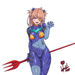 Rule 34 | 2018, adapted costume, alternate color, blue bodysuit, blue eyes, bodysuit, breasts, brown hair, claw pose, clothing cutout, dated, eyepatch, hair ornament, halloween costume, horishin1986, interface headset, long hair, looking at viewer, medium breasts, navel, navel cutout, neon genesis evangelion, plugsuit, polearm, simple background, solo, souryuu asuka langley, standing, trident, very long hair, weapon, wide hips