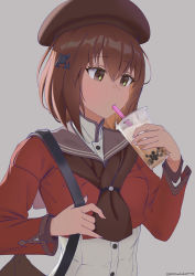 Rule 34 | 1girl, artist name, brown eyes, brown hair, brown neckwear, brown sailor collar, bubble tea, buttons, drink, drinking, drinking straw, echt, fingernails, grey background, hair between eyes, hair ornament, highres, holding, holding drink, kantai collection, long sleeves, red shirt, sailor collar, sailor shirt, shirt, short hair, signature, simple background, solo, tan yang (kancolle), upper body, yukikaze (kancolle)
