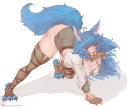 Rule 34 | 1girl, ahoge, all fours, animal ear fluff, animal ears, animal feet, ass, blue hair, breasts, cleavage, fingerless gloves, fingernails, gloves, highres, large tail, long fingernails, long hair, looking at viewer, medium breasts, original, red eyes, shadow, sharp fingernails, short shorts, shorts, slit pupils, solo, tail, tezy8art, thick thighs, thighhighs, thighs, tongue, tongue out, white background, wolf ears, wolf girl, wolf tail