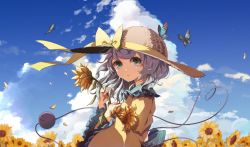 Rule 34 | 1girl, blue sky, brown headwear, bug, butterfly, closed mouth, cloud, field, flower, flower field, green eyes, grey hair, hat, heart, heart of string, highres, holding, holding flower, insect, komeiji koishi, long sleeves, looking at viewer, medium hair, outdoors, sky, straw hat, sunflower, sunflower field, tami (joemanyodw), third eye, touhou, upper body