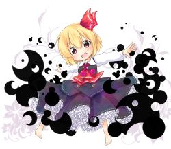 Rule 34 | 1girl, barefoot, blonde hair, chibi, darkness, fang, female focus, frills, highres, md5 mismatch, open mouth, outstretched arms, resolution mismatch, rumia, solo, source smaller, spread arms, tobi (nekomata homara), touhou
