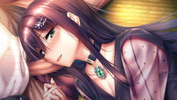Rule 34 | 1girl, amakano 2, azarashi soft, blush, breasts, censored, choker, cleavage, embarrassed, from above, game cg, green eyes, hair between eyes, highres, himiyama rei, indoors, jewelry, long hair, looking at viewer, lying, mosaic censoring, on side, parted lips, pendant, pendant choker, penis, penis on face, piromizu, purple hair, sitting, tatami, upper body