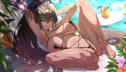 Rule 34 | 1girl, armpits, arms behind head, arms up, bare shoulders, barefoot, black hair, black slingshot swimsuit, blue archive, blush, breasts, cleavage, collarbone, cup, dark-skinned female, dark skin, drinking glass, halo, kakumayu, karin (blue archive), large breasts, long hair, looking at viewer, navel, ponytail, pool, poolside, slingshot swimsuit, solo, spread legs, swimsuit, table, very long hair, wet, yellow eyes