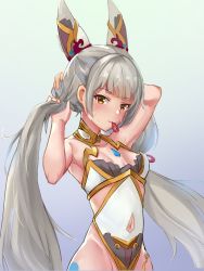 Rule 34 | 1girl, animal ears, arms behind head, arms up, bare shoulders, breasts, cat ears, highres, kiiro kimi, leotard, long hair, looking at viewer, nia (blade) (xenoblade), nia (xenoblade), nintendo, niyah, silver hair, simple background, small breasts, smile, solo, spoilers, standing, very long hair, xenoblade chronicles (series), xenoblade chronicles 2, yellow eyes