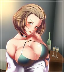 Rule 34 | 1girl, alcohol, arms under breasts, artist request, bare shoulders, black choker, blush, border, bottle, breasts, breasts focus, brown eyes, brown hair, choker, cleavage, coat, collarbone, cup, dress, drinking glass, eyeshadow, female focus, fire emblem, fire emblem: three houses, fur coat, glass, green dress, grey background, grey border, highres, intelligent systems, large breasts, lips, lipstick, looking at viewer, makeup, manuela casagranda, matching hair/eyes, nintendo, o-ring, orange eyeshadow, orange lips, shiny clothes, shiny skin, short hair, sideboob, solo, table, upper body, white coat, white fur, wine, wine bottle, wine glass