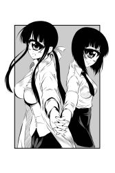 Rule 34 | 10s, 2girls, breasts, cowboy shot, crossover, cyclops, greyscale, holding hands, highres, hitomi (hitomi sensei no hokenshitsu), hitomi sensei no hokenshitsu, lab coat, large breasts, long hair, manaka hitomi, manako, monochrome, monster girl, monster musume no iru nichijou, multiple girls, necktie, one-eyed, ponytail, s-now, sidelocks, small breasts, trait connection