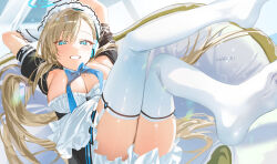 Rule 34 | 1girl, apron, aqua bow, aqua bowtie, asuna (blue archive), asymmetrical bangs, blue archive, blush, bow, bowtie, breasts, garter straps, halo, haruri, highres, large breasts, legs up, light brown hair, long hair, looking at viewer, lying, maid, maid headdress, mole, mole on breast, on back, smile, solo, thighhighs, very long hair, white apron, white garter straps, white thighhighs