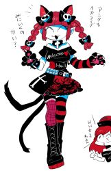 Rule 34 | &gt; o, 2girls, :3, ^ ^, animal ears, animal hands, asymmetrical legwear, bare shoulders, belt, black bow, boots, bow, braid, cat ears, cat paws, cat tail, choker, closed eyes, clothes writing, cosplay, cross, english text, fang, full body, furukawa (yomawari), hair bow, heart, hecatia lapislazuli, hecatia lapislazuli (cosplay), highres, kaenbyou rin, mismatched legwear, multiple girls, multiple tails, off-shoulder shirt, off shoulder, one eye closed, open mouth, red hair, shirt, skull, striped clothes, striped legwear, striped thighhighs, tail, thighhighs, touhou, translation request, twin braids, two tails
