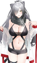 Rule 34 | 1girl, :o, absurdres, animal ear fluff, animal ear piercing, animal ears, arknights, black bra, black shorts, blush, bra, breasts, cat ears, cleavage, coat, cowboy shot, grey hair, grey scarf, hair over one eye, hands up, highres, large breasts, long hair, looking at viewer, open mouth, ponytail, raitho, scarf, schwarz (arknights), shorts, simple background, slit pupils, solo, thigh strap, underwear, undressing, white background, white coat, yellow eyes