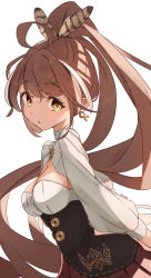 Rule 34 | 1girl, :o, ahoge, brown corset, brown hair, cleavage cutout, clothing cutout, corset, earrings, feather hair ornament, feathers, hair ornament, highres, hololive, hololive english, jewelry, long hair, looking at viewer, malvar, multicolored hair, nanashi mumei, pleated skirt, ponytail, red skirt, runes, shirt, skirt, solo, streaked hair, very long hair, virtual youtuber, white shirt, yellow eyes