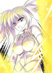 Rule 34 | 00s, 1girl, angry, belt, bodysuit, breasts, covered erect nipples, fate testarossa, fate testarossa (true sonic form), glowing, hair ribbon, long hair, lyrical nanoha, mahou shoujo lyrical nanoha, mahou shoujo lyrical nanoha strikers, monochrome, open mouth, rei (artist), rei (rei&#039;s room), ribbon, solo, turtleneck, twintails, yellow theme