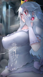 Rule 34 | 1girl, after paizuri, breast grab, breasts, clothing cutout, covering face, crown, cum, cum on body, cum on upper body, cum string, cumdrip, disembodied limb, ejaculation, ejaculation between breasts, embarrassed, erection, erection under clothes, excessive cum, ghost, gloves, grabbing, highres, kashu (hizake), large breasts, long hair, mario (series), motion blur, nintendo, paizuri, penis, princess king boo, red eyes, solo, sweat, white hair
