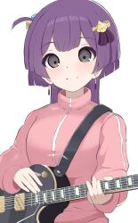 Rule 34 | 1girl, alternate costume, bernadetta von varley, blush, bocchi the rock!, closed mouth, cosplay, cube hair ornament, earrings, electric guitar, fire emblem, fire emblem: three houses, gotoh hitori (cosplay), gotoh hitori, grey eyes, guitar, hair ornament, highres, holding, holding instrument, instrument, jacket, jewelry, kocha (jgug7553), long sleeves, looking at viewer, medium hair, nintendo, pink jacket, purple hair, simple background, smile, solo, track jacket, upper body, white background
