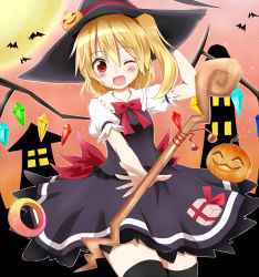 Rule 34 | 1girl, alternate costume, bat (animal), black dress, black thighhighs, blonde hair, blush, bow, box, dress, fang, flandre scarlet, gift, gift box, hachimi, halloween, halloween costume, hat, highres, jack-o&#039;-lantern, one eye closed, open mouth, puffy short sleeves, puffy sleeves, red eyes, shirt, short sleeves, side ponytail, smile, solo, staff, thighhighs, touhou, wings, witch hat, zettai ryouiki