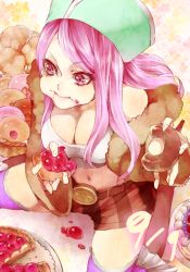 Rule 34 | 1girl, akizuki hakuto, breasts, cleavage, doughnut, eating, food, food on face, full mouth, hat, jewelry bonney, large breasts, lipstick, long hair, makeup, midriff, navel, one piece, patterned legwear, pie, pink eyes, pink hair, shorts, solo, thighhighs