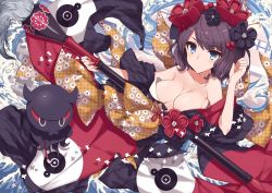 Rule 34 | 1girl, animal, bare shoulders, black hair, black kimono, blue eyes, breasts, calligraphy brush, cleavage, closed mouth, collarbone, fate/grand order, fate (series), flower, hair between eyes, hair flower, hair ornament, highres, holding, holding paintbrush, japanese clothes, katsushika hokusai (fate), kimono, kinona, large breasts, obi, octopus, off shoulder, oversized object, paintbrush, sash, short hair, v-shaped eyebrows, water, waves, wide sleeves