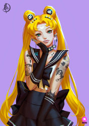 Rule 34 | 1girl, adapted costume, aqua nails, arm tattoo, bishoujo senshi sailor moon, black gloves, blonde hair, blue eyes, collar, crescent, crescent facial mark, double bun, ear piercing, earrings, eyeliner, facial mark, fingerless gloves, forehead mark, gloves, hair ornament, hand on own face, heart, heart earrings, high-waist skirt, highres, jewelry, lip piercing, lipstick, looking at viewer, makeup, nail polish, nose stud, piercing, purple background, sailor collar, sailor moon, shoulder tattoo, skirt, skull hair ornament, solo, spiked collar, spikes, suyoun kang, tattoo, tsukino usagi, twintails