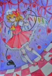 Rule 34 | 1girl, ascot, blonde hair, checkered floor, coin, crystal, dropping, flandre scarlet, flower, frills, hat, hat ribbon, kneehighs, knees, laevatein, mob cap, nail polish, posoposo, puffy short sleeves, puffy sleeves, red eyes, ribbon, rose, short sleeves, side ponytail, socks, solo, sparkle, touhou, wings, wrist cuffs