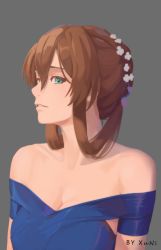 Rule 34 | 1girl, artist name, bare shoulders, blue dress, braid, breasts, brown hair, cleavage, commentary request, crown braid, dress, flower, girls&#039; frontline, green eyes, grey background, hair between eyes, hair flower, hair ornament, hair ribbon, hair rings, highres, large breasts, long hair, looking at viewer, official alternate costume, parted lips, revision, ribbon, sidelocks, simple background, smile, solo, springfield (girls&#039; frontline), springfield (queen in radiance) (girls&#039; frontline), xu ni