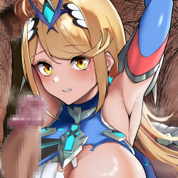 1girl 3boys absurdres alternate_color armpits arms_up blonde_hair blue_dress blush cheating_(relationship) circlet core_crystal_(xenoblade) dress earrings erection group_sex highres hijiri_kogome imminent_rape jewelry long_hair looking_at_viewer male_pubic_hair multiple_boys mythra_(xenoblade) netorare old old_man one_breast_out penis pubic_hair smell solo_focus sweat swept_bangs torn_clothes torn_dress very_long_hair xenoblade_chronicles_(series) xenoblade_chronicles_2 yellow_eyes