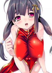Rule 34 | black hair, breasts squeezed together, breasts, cameltoe, china dress, chinese clothes, covered erect nipples, dress, huge breasts, long hair, red eyes, shiranagi, solo, twintails