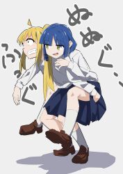 Rule 34 | 2girls, ahoge, blonde hair, blue hair, bocchi the rock!, carrying, carrying person, clenched teeth, constricted pupils, highres, ijichi nijika, long hair, medium hair, multiple girls, oekakiism, open mouth, piggyback, red eyes, side ponytail, teeth, yamada ryo, yellow eyes