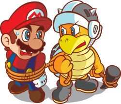 Rule 34 | 2boys, army hammer bro, blue eyes, blue overalls, boots, bound, brown footwear, facial hair, fake horns, gloves, hammer, hat, helmet, highres, holding, holding hammer, holding weapon, horned helmet, horns, male focus, mario, mario (series), multiple boys, mustache, nintendo, official art, open mouth, overalls, red headwear, red shirt, rope, shirt, short hair, simple background, super princess peach, teeth, tied up (nonsexual), transparent background, upper teeth only, weapon, white gloves