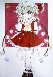 Rule 34 | 1girl, :o, arm behind back, ascot, back bow, bow, brown footwear, colored pencil (medium), crystal, flandre scarlet, frilled ascot, frilled bow, frilled ribbon, frilled shirt collar, frilled skirt, frilled sleeves, frilled socks, frills, full body, hair between eyes, hat, hat ribbon, highres, looking at viewer, mob cap, multicolored wings, open mouth, puffy short sleeves, puffy sleeves, red background, red eyes, red ribbon, red skirt, red vest, ribbon, shoelaces, shoes, short sleeves, simple background, skirt, skirt set, socks, solo, touhou, traditional media, unknown m g, vest, white bow, white hat, white socks, wings, wrist cuffs, yellow ascot