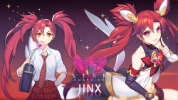 Rule 34 | 1girl, alternate costume, alternate hair color, alternate hairstyle, bare shoulders, bow, bowtie, chewing gum, dakun, fingerless gloves, gloves, hair ornament, highres, jinx (league of legends), league of legends, lipstick, long hair, magical girl, makeup, red bow, red bowtie, red hair, school uniform, skirt, star guardian (league of legends), star guardian jinx, twintails, very long hair