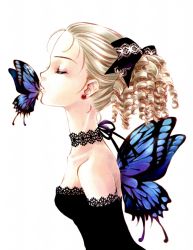 Rule 34 | 1girl, bare shoulders, black dress, blonde hair, bow, bug, butterfly, butterfly wings, choker, closed eyes, curly hair, dress, earrings, flower earrings, from side, hair bow, highres, insect, insect wings, jewelry, lace, lace-trimmed dress, lace trim, minakami kaori, original, ponytail, profile, ribbon, ringlets, simple background, solo, source request, upper body, white background, wings